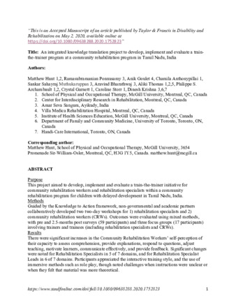 An integrated knowledge translation project to develop, implement, and evaluate a train-the-trainer program at a community rehabilitation program in Tamil Nadu, India thumbnail