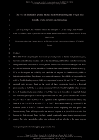 The role of fluorine in granite-related hydrothermal tungsten ore genesis: Results of experiments and modeling thumbnail