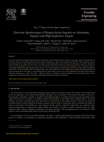 Emission Spectroscopy of Hypervelocity Impacts on Aluminum, Organic and High-Explosive Targets thumbnail