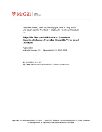 Triptolide Mediated-Inhibition of Interferon Signaling Enhances Vesicular Stomatitis Virus based Oncolysis thumbnail