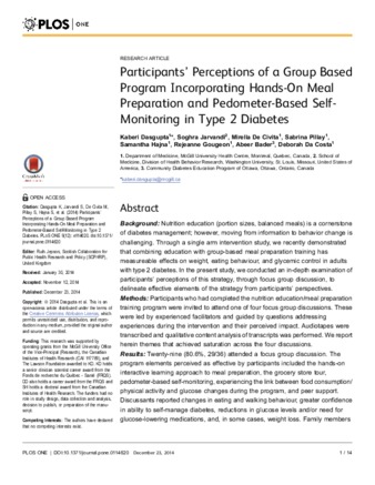 Participants’ Perceptions of a Group Based Program Incorporating Hands-On Meal Preparation and Pedometer-Based Self-Monitoring in Type 2 Diabetes thumbnail