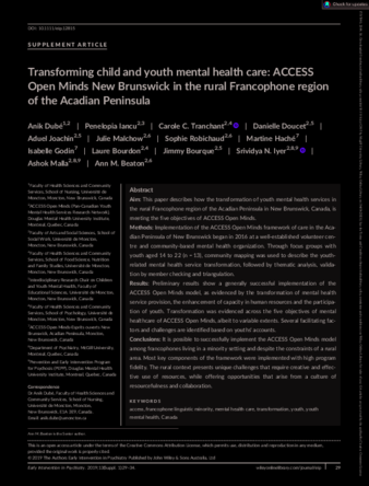 Transforming child and youth mental health care: ACCESS Open Minds New Brunswick in the rural Francophone region of the Acadian Peninsula thumbnail