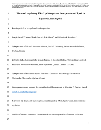 The small regulatory RNA Lpr10 regulates the expression of RpoS in Legionella pneumophila thumbnail
