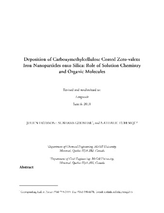 Deposition of Carboxymethylcellulose-Coated Zero-Valent Iron Nanoparticles onto Silica: Roles of Solution Chemistry and Organic Molecules thumbnail