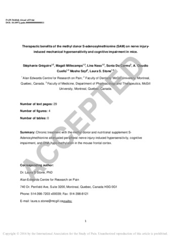 Therapeutic benefits of the methyl donor S-adenosylmethionine (SAM) on nerve injuryinduced mechanical hypersensitivity and cognitive impairment in mice thumbnail