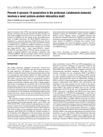 Peroxin 5-peroxin 14 association in the protozoan Leishmania donovani involves a novel protein-protein interaction motif thumbnail