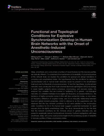 Functional and Topological Conditions for Explosive Synchronization Develop in Human Brain Networks with the Onset of Anesthetic-Induced Unconsciousness thumbnail