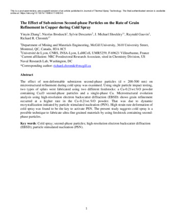 The Effect of Submicron Second-Phase Particles on the Rate of Grain Refinement in a Copper-Oxygen Alloy During Cold Spray. thumbnail