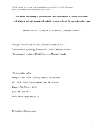 Prevalence and severity of posttraumatic stress symptoms in psychosis: Associations with affective and patient-centered variables in those referred for psychological services thumbnail