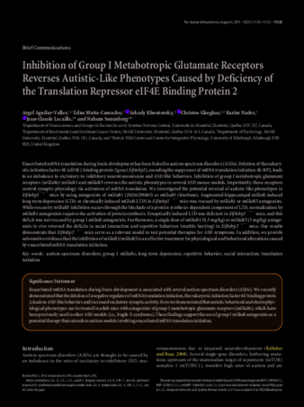 Inhibition of Group I Metabotropic Glutamate Receptors Reverses Autistic-Like Phenotypes Caused by Deficiency of the Translation Repressor eIF4E Binding Protein 2 thumbnail