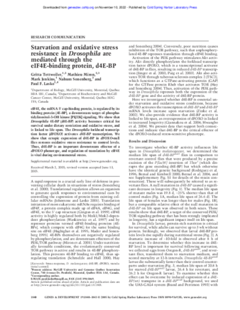 Starvation and oxidative stress resistance in Drosophila are mediated through the eIF4E-binding protein, d4E-BP thumbnail