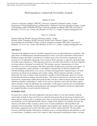 Moral experience: a framework for bioethics research thumbnail