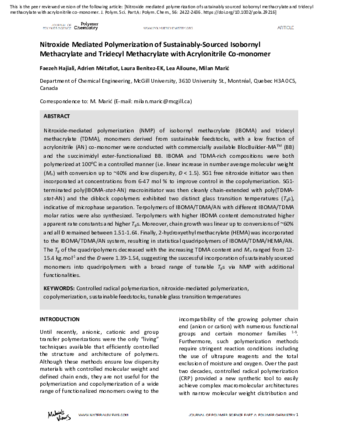 Nitroxide Mediated Polymerization of Sustainably-Sourced Isobornyl Methacrylate and Tridecyl Methacrylate with Acrylonitrile Co-monomer thumbnail