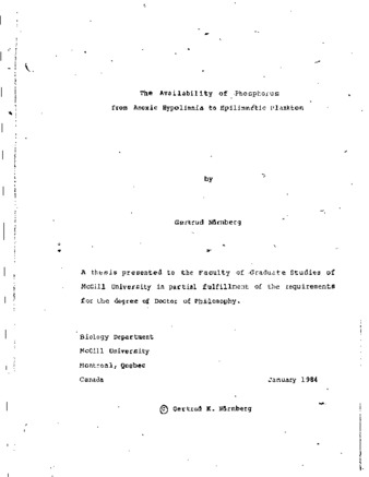 The availability of phosphorus from anoxic hypolimnia to epilimnetic plankton / thumbnail