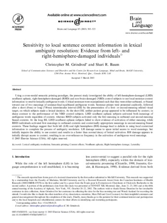 Sensitivity to local sentence context information in lexical ambiguity resolution: Evidence from left- and right-hemisphere-damaged individuals thumbnail