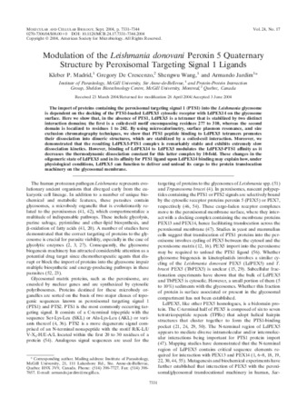 Modulation of the Leishmania donovani peroxin 5 Quaternary structure by peroxisomal targeting signal 1 ligands thumbnail