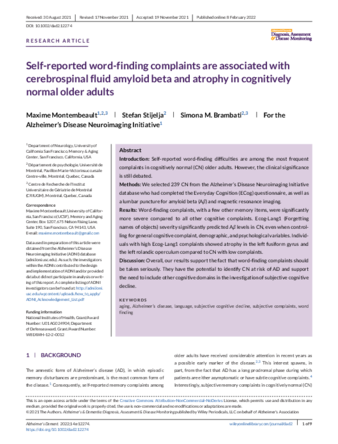 Self-reported word-finding complaints are associated with cerebrospinal fluid amyloid beta and atrophy in cognitively normal older adults thumbnail