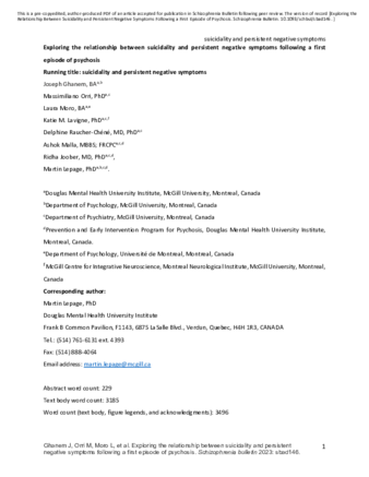 Exploring the Relationship Between Suicidality and Persistent Negative Symptoms Following a First Episode of Psychosis thumbnail