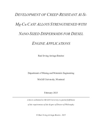 Development of creep-resistant Al-Si-Mg-Cu cast alloys strengthened with nano-sized dispersoids for Diesel Engine applications thumbnail