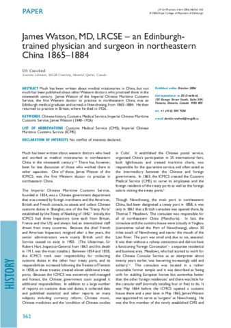 James Watson, MD, LRCSE – an Edinburgh trained physician and surgeon in northeastern China 1865–1884 thumbnail