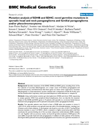 Mutation analysis of SDHB and SDHC: novel germline mutations in sporadic head and neck paraganglioma and familial paraganglioma and/or pheochromocytoma thumbnail