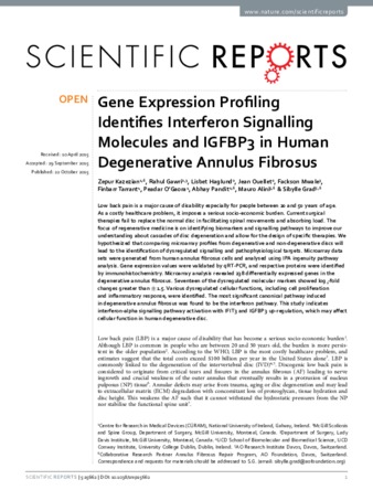 Gene Expression Profiling Identifies Interferon Signalling Molecules and IGFBP3 in Human Degenerative Annulus Fibrosus thumbnail