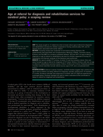 Age at referral for diagnosis and rehabilitation services for cerebral palsy: a scoping review thumbnail