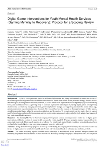 Digital Game Interventions for Youth Mental Health Services (Gaming My Way to Recovery): Protocol for a Scoping Review thumbnail