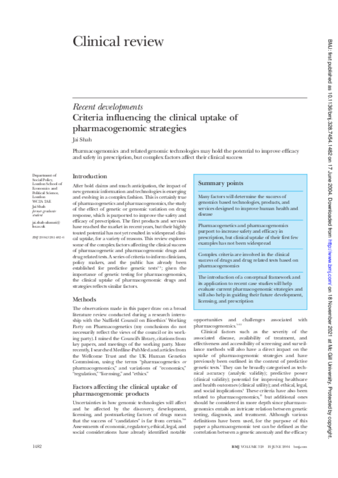 Criteria influencing the clinical uptake of pharmacogenomic strategies thumbnail