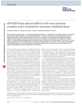 eIF4AIII binds spliced mRNA in the exon junction complex and is essential for nonsense-mediated decay thumbnail