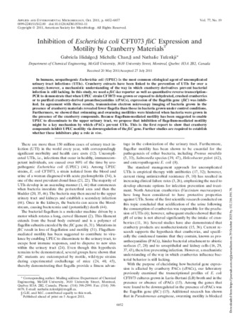 Inhibition of Escherichia coli CFT073 fliC Expression and Motility by Cranberry Materials thumbnail