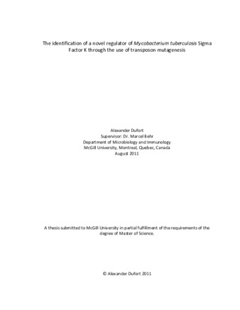 The identification of a novel regulator of «Mycobacterium tuberculosis» Sigma Factor K through the use of transposon mutagenesis thumbnail