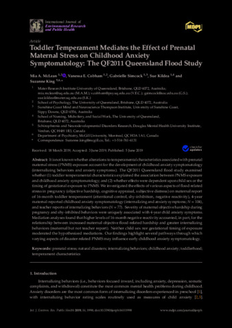 Toddler Temperament Mediates the Effect of Prenatal Maternal Stress on Childhood Anxiety Symptomatology: The QF2011 Queensland Flood Study thumbnail