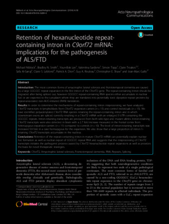 Retention of hexanucleotide repeat-containing intron in C9orf72 mRNA: implications for the pathogenesis of ALS/FTD thumbnail