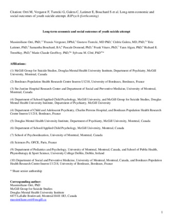Long-term economic and social outcomes of youth suicide attempt thumbnail
