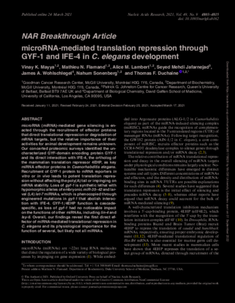 microRNA-mediated translation repression through GYF-1 and IFE-4 in C. elegans development thumbnail