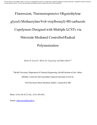 Fluorescent, Thermoresponsive Oligo(ethylene glycol) Methacrylate/9-(4-vinylbenzyl)-9H-carbazole Copolymers Designed with Multiple LCSTs via Nitroxide Mediated Controlled Radical Polymerization thumbnail