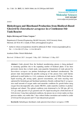 Biohydrogen and Bioethanol Production from Biodiesel-Based Glycerol by Enterobacter aerogenes in a Continuous Stir Tank Reactor thumbnail