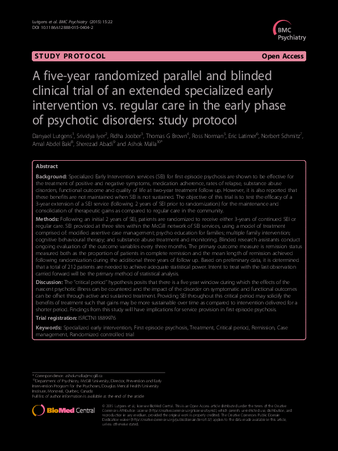 A five-year randomized parallel and blinded clinical trial of an extended specialized early intervention vs. regular care in the early phase of psychotic disorders: study protocol thumbnail
