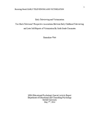 Early Televiewing and Victimization: Too Much Television? Prospective Associations Between Early Childhood Televiewing and Later Self-Reports of Victmization By Sixth Grade Classmates thumbnail