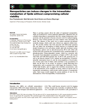 Nanoparticles can induce changes in the intracellular metabolism of lipids without compromising cellular viability thumbnail