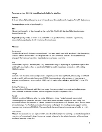 More comprehensively measuring quality of life in life-threatening illness: the McGill Quality of Life Questionnaire – Expanded. thumbnail