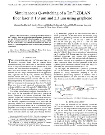 Simultaneous Q -Switching of a Tm3+:ZBLAN Fiber Laser at 1.9 μ m and 2.3 μ m Using Graphene thumbnail