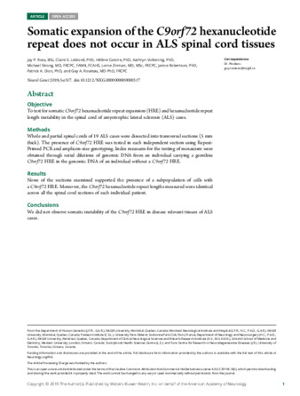 Somatic expansion of the C9orf72 hexanucleotide repeat does not occur in ALS spinal cord tissues thumbnail