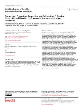 Supporting, Promoting, Respecting and Advocating: A Scoping Study of Rehabilitation Professionals’ Responses to Patient Autonomy thumbnail