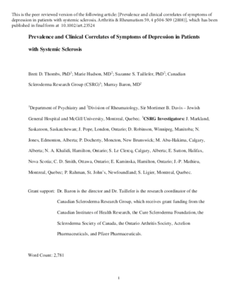 Prevalence and Clinical Correlates of Symptoms of Depression in Patients with Systemic Sclerosis thumbnail