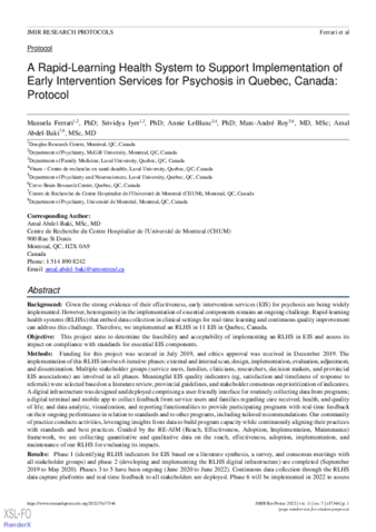 A Rapid-Learning Health System to Support Implementation of Early Intervention Services for Psychosis in Quebec, Canada: Protocol thumbnail