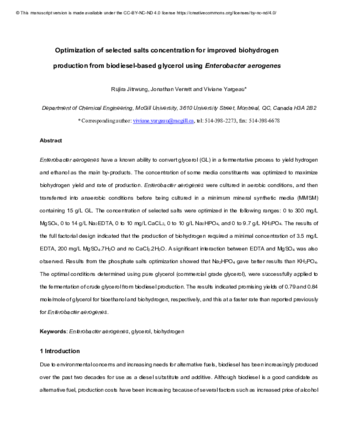 Optimization of selected salts concentration for improved biohydrogen production from biodiesel-based glycerol using Enterobacter aerogenes thumbnail