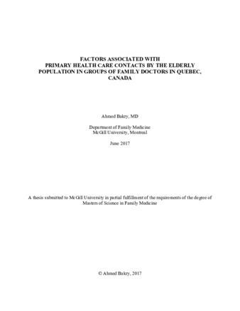 Factors associated with primary health care contacts by the elderly population in groups of family doctors in Quebec, Canada thumbnail