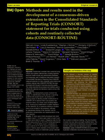 Methods and results used in the development of a consensus-driven extension to the Consolidated Standards of Reporting Trials (CONSORT) statement for trials conducted using cohorts and routinely collected data (CONSORT-ROUTINE) thumbnail